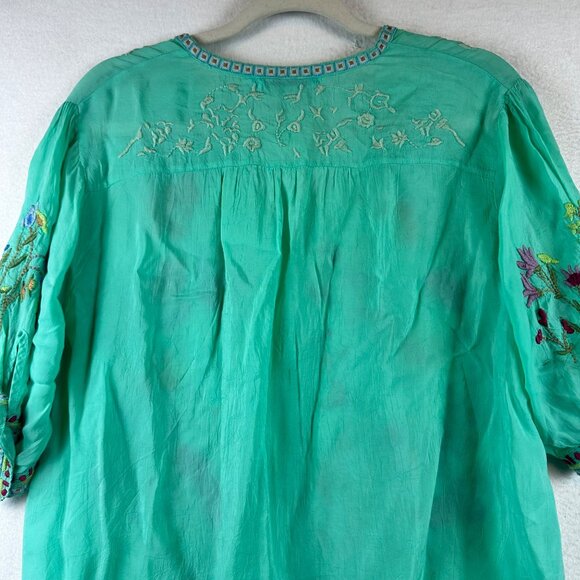 Johnny Was Embroidered Floral Tunic Top Green Boho V-Neck Tie Sleeve Womens M - Picture 10 of 12